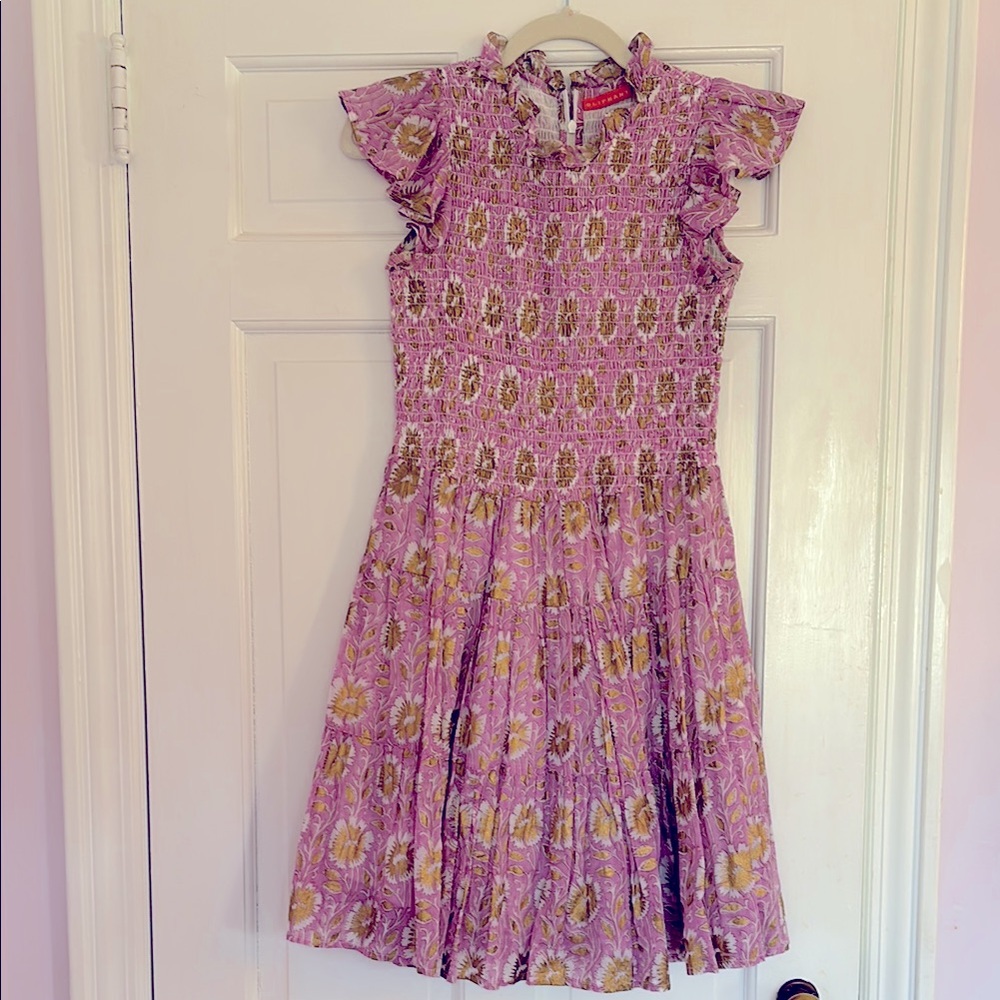 Women’s size Small Oliphant lilac and gold smocked sundress
